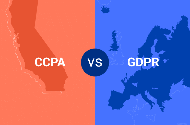 Image is split in the middle; on the left side on the background we have California and CCPA written over it, on the right side we have Europe on the background with GDPR written over it